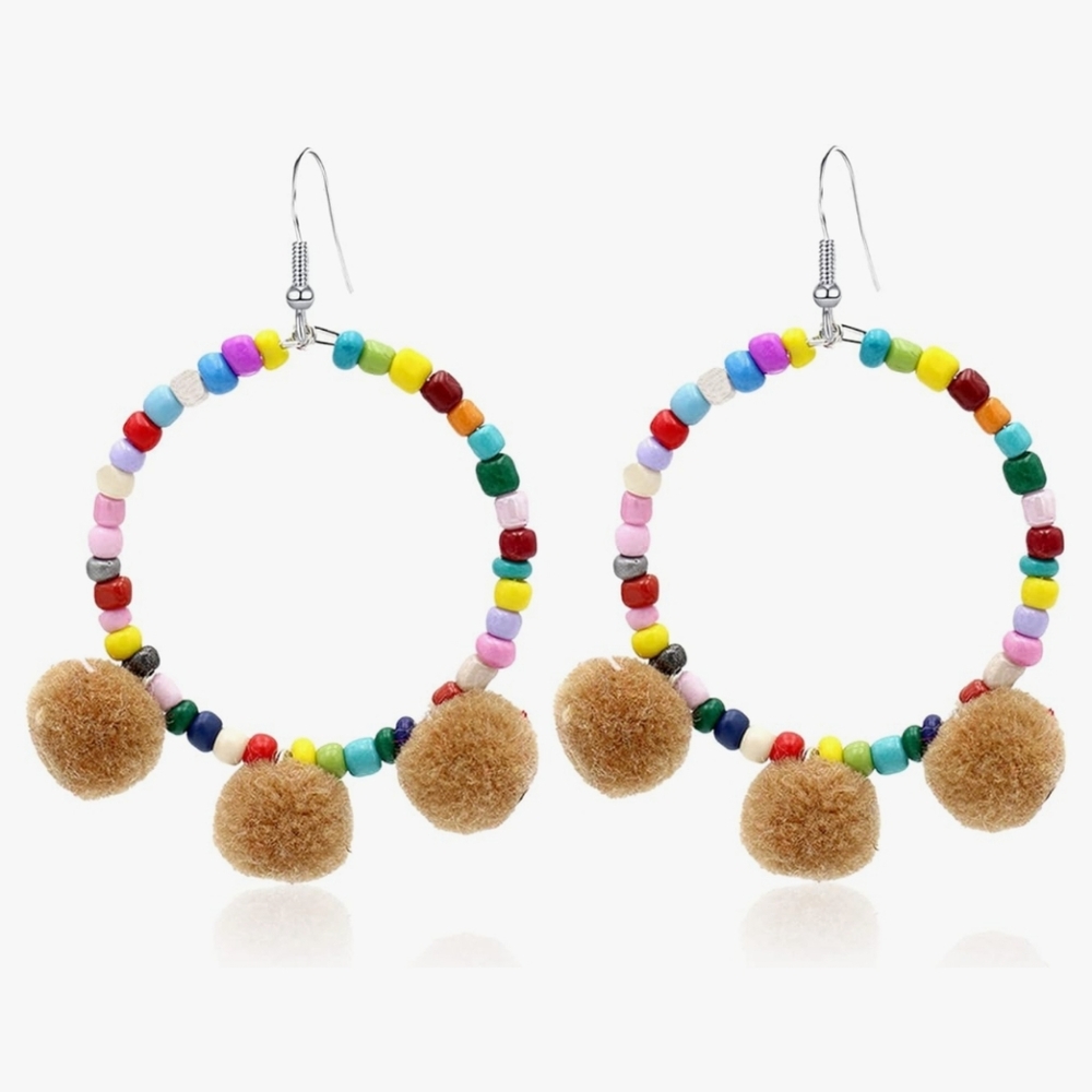 Colorful Beaded Hoop Earrings with Tan Pom Pom Accents